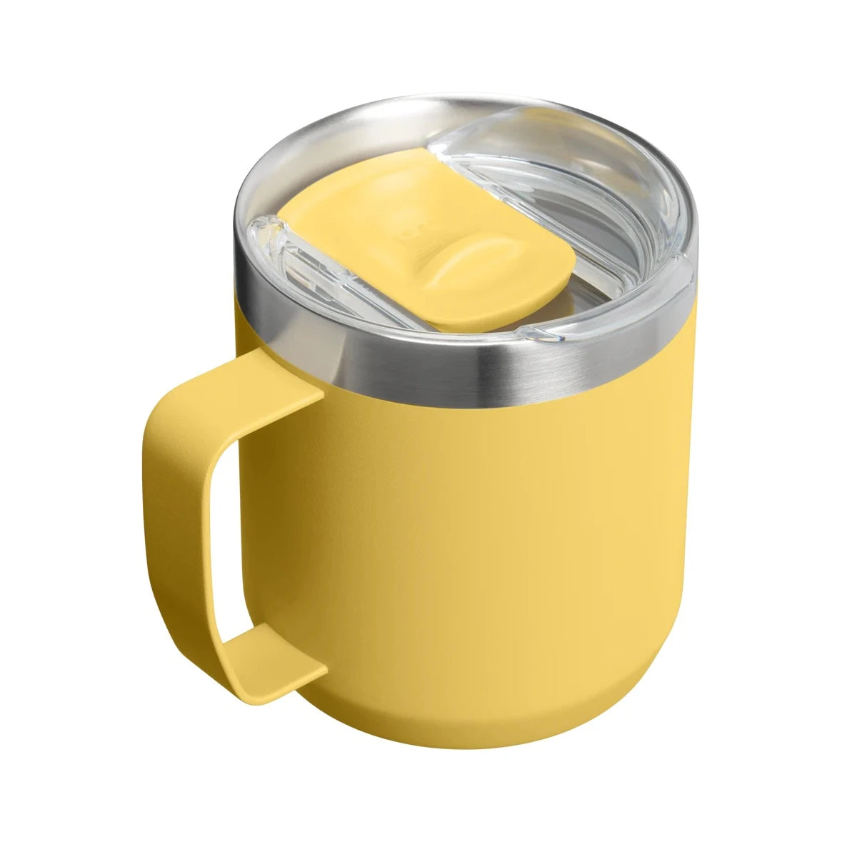 Stanley Everyday camp mug in yellow with clear lid and silver rim, upright