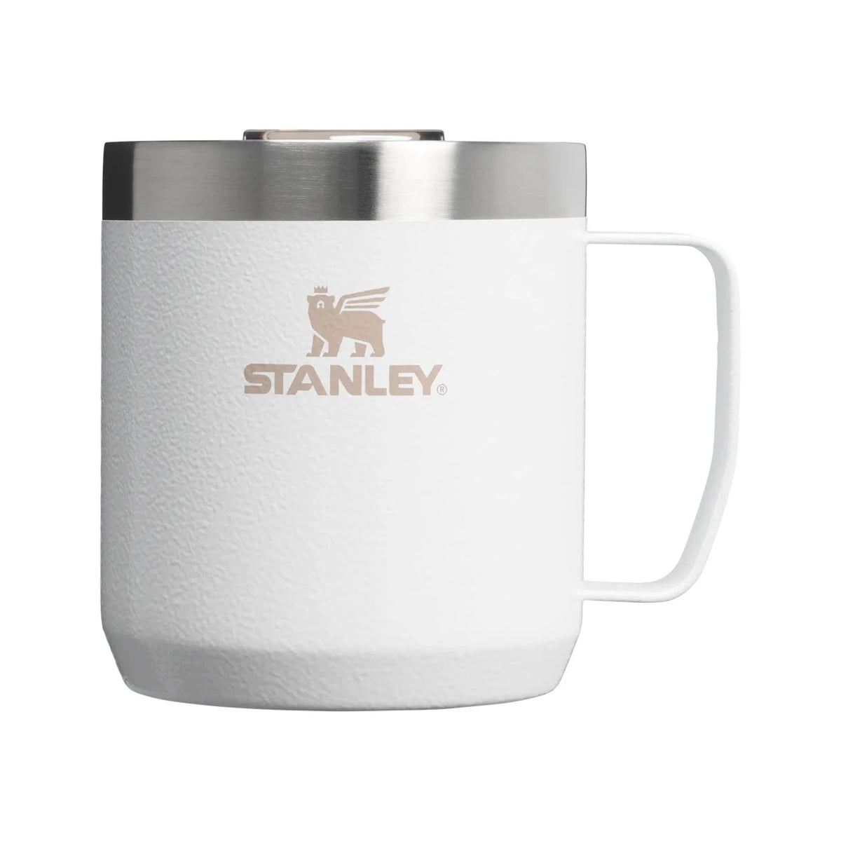 Stanley Everyday camp mug in Hammertone Frost white, with its handle to the right and the bear emblem on the front