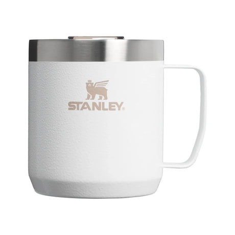 Stanley Everyday camp mug in Hammertone Frost white, with its handle to the right and the bear emblem on the front