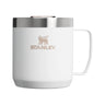 Stanley Everyday camp mug in Hammertone Frost white, with its handle to the right and the bear emblem on the front