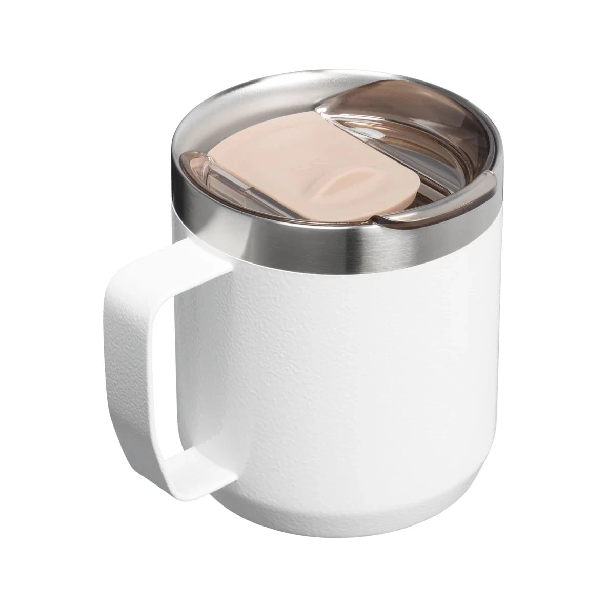 Stanley Everyday camp mug in white with a clear lid and pale beige slider, handle facing left