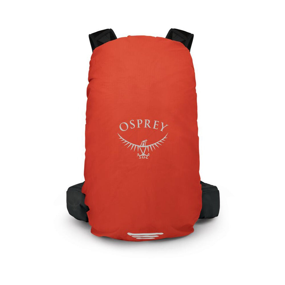 Osprey Hi-Vis backpack raincover in red, fitted over a black backpack with the Osprey logo on the front