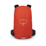 Osprey Hi-Vis backpack raincover in red, fitted over a black backpack with the Osprey logo on the front