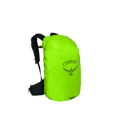 Osprey Hi-Vis backpack raincover in lime green, size SX, fitted over a backpack