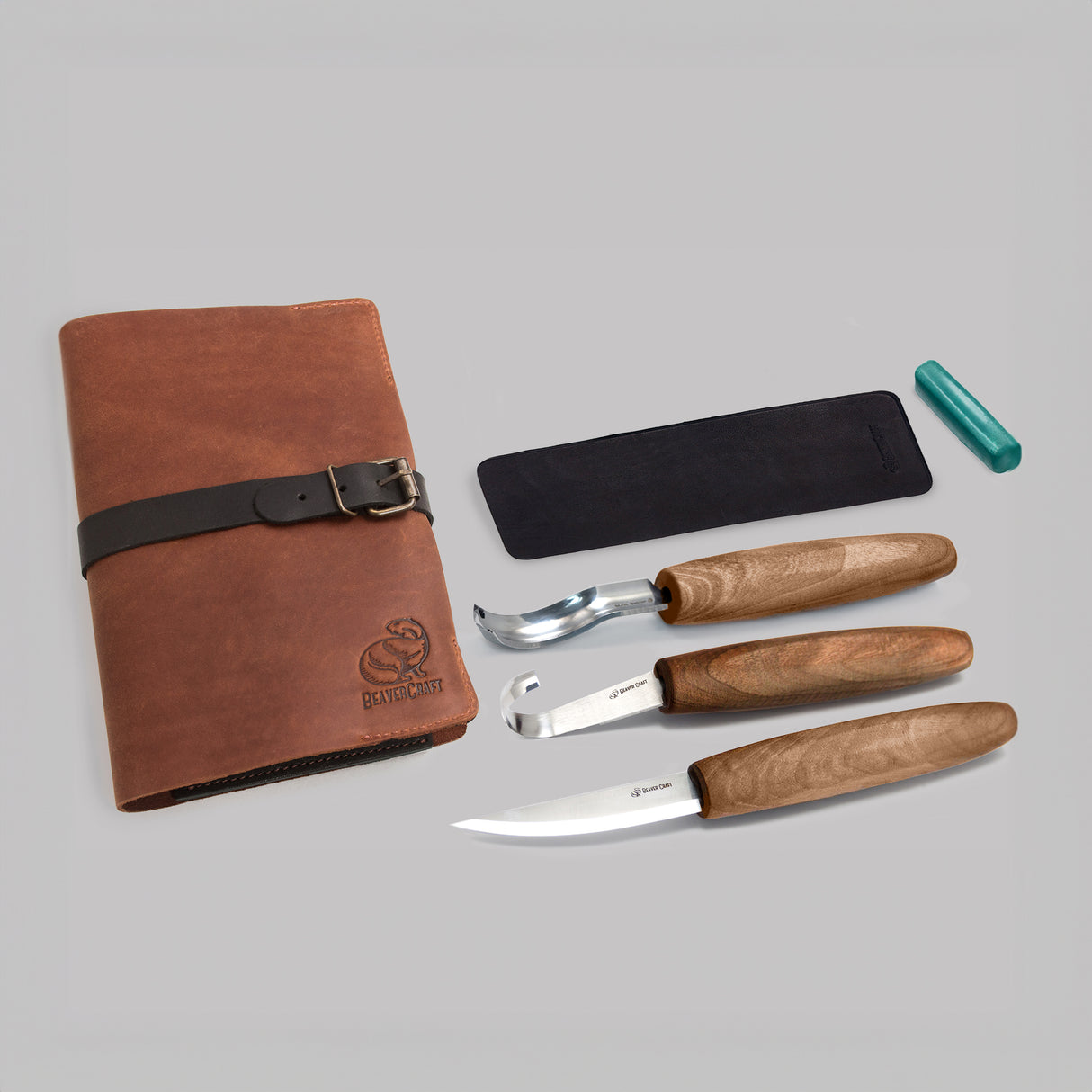 BeaverCraft 5 Piece Extended Carving Set in Genuine Leather Tool Roll