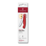 Victorinox Swiss Classic picnic knife in red in retail packaging, with the knife displayed open on the card