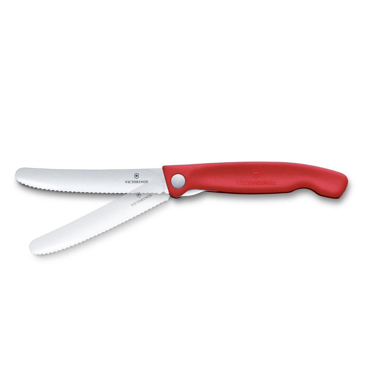 Victorinox Swiss Classic picnic knife in red, shown with the serrated blade partly folded