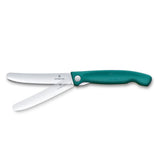 Victorinox Swiss Classic picnic knife in teal, open, with a second view showing the blade folded partway